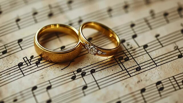 Golden Wedding Rings Resting on Aged Musical Sheet Music