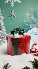 Christmas banner with gift box, a small Santa Claus statue beside it, and a snowy scene. Space for text