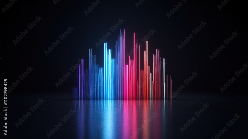 Poster colorful soundwave visualization with light bars displaying audio frequencies in a dark background f