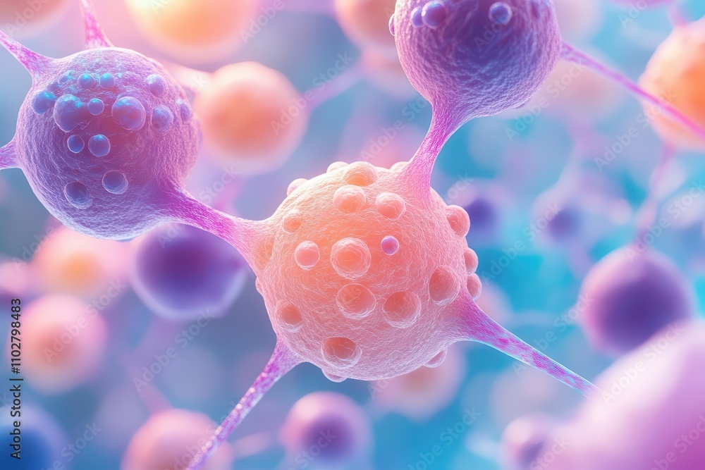 Poster a vibrant microscopic view of cells, showcasing a network of colorful, spherical structures against 