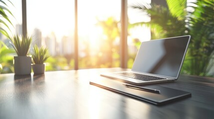 Fototapeta premium Bright Workspace with Laptop and Plants in Modern Office Setting