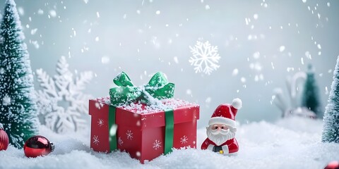 Christmas banner with gift box, a small Santa Claus statue beside it, and a snowy scene. Space for text