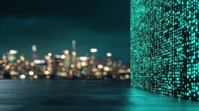 Futuristic Urban Landscape with Neon Binary Code Wall and Blurred City Lights in Background for Technology, Innovation and Cybersecurity Themes