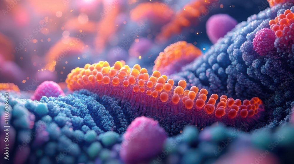Poster a vibrant, abstract representation of microscopic structures, showcasing colorful textures and patte