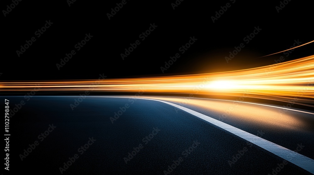 Poster dynamic light trails on a curved road at night capturing the essence of motion and speed in an urban