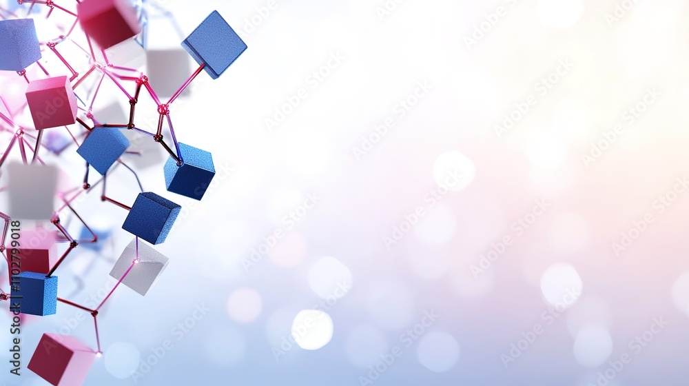 Poster abstract molecular structure with colorful cubes connected by bonds on a soft background, ideal for 