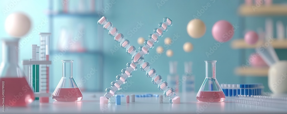 Poster a colorful lab scene featuring laboratory glassware and molecular structures, highlighting the theme
