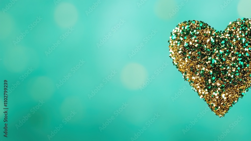 Aufkleber glimmering golden heart shape on soft turquoise background with soft bokeh lights creating a magical