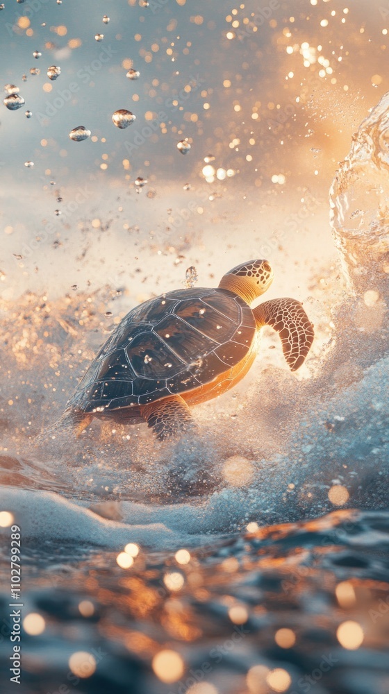 Poster a sea turtle swims through splashing waves, illuminated by soft sunlight.
