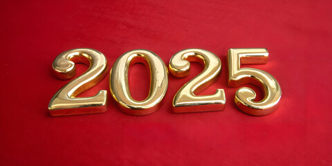Gold 3D Number 2025 on Vibrant Red Background for New Year Celebration Design