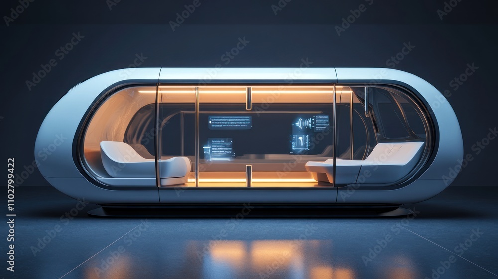 Poster a futuristic pod-like structure with transparent walls, designed for relaxation or work.