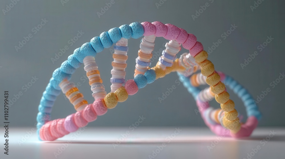 Poster a colorful model of dna, showcasing its double-helix structure with pastel beads on a gray backgroun