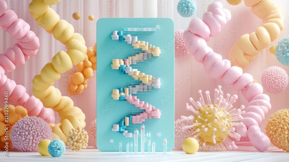 Poster a vibrant display featuring pastel-colored dna strands and abstract shapes, creating a playful and s