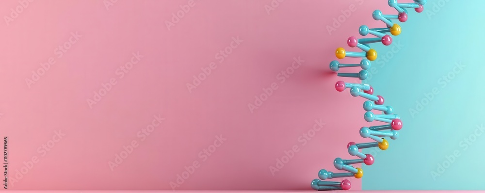 Poster a colorful, abstract representation of a dna-like structure against a soft pink and teal background,