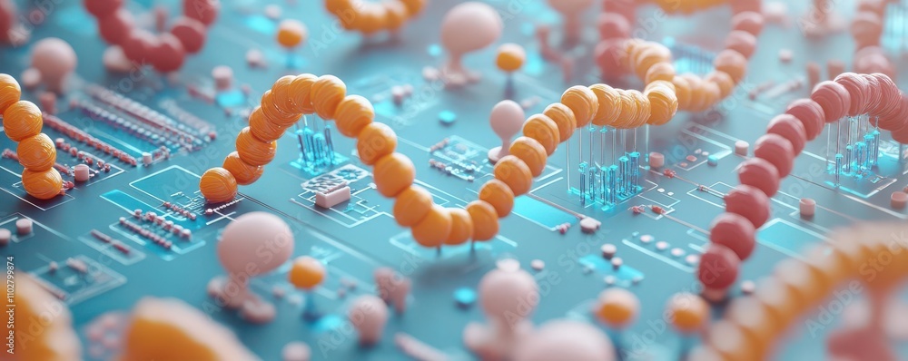 Poster a close-up view of a colorful molecular structure on a circuit board, representing the intersection 
