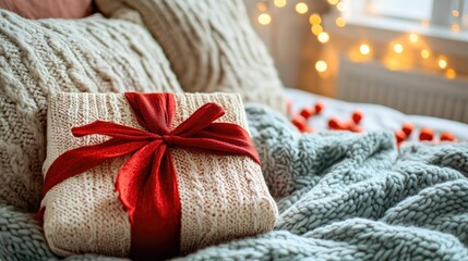 Cozy Holiday Gift with Red Ribbon on Knit Blanket and Warm Lights