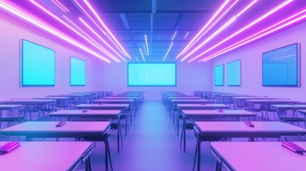 A modern classroom with vibrant neon lighting and digital displays.