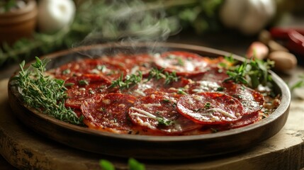 A steaming pizza topped with pepperoni and herbs on a wooden platter.