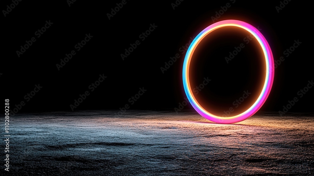 Poster vibrant neon circular light with bright aura on a dark surface creating an abstract artistic atmosph