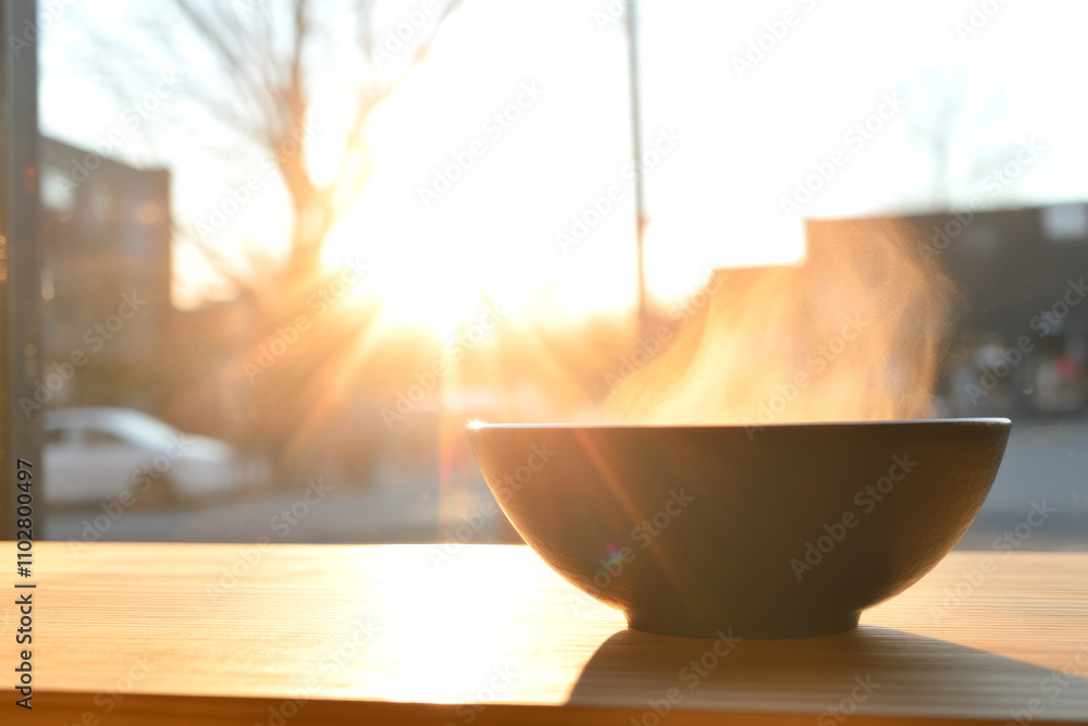 Poster a bowl of soup sits on a table in front of a window
