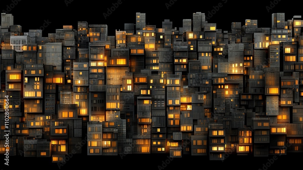 Poster urban nightscape with illuminated windows showcasing a vibrant abstract city layout created with geo