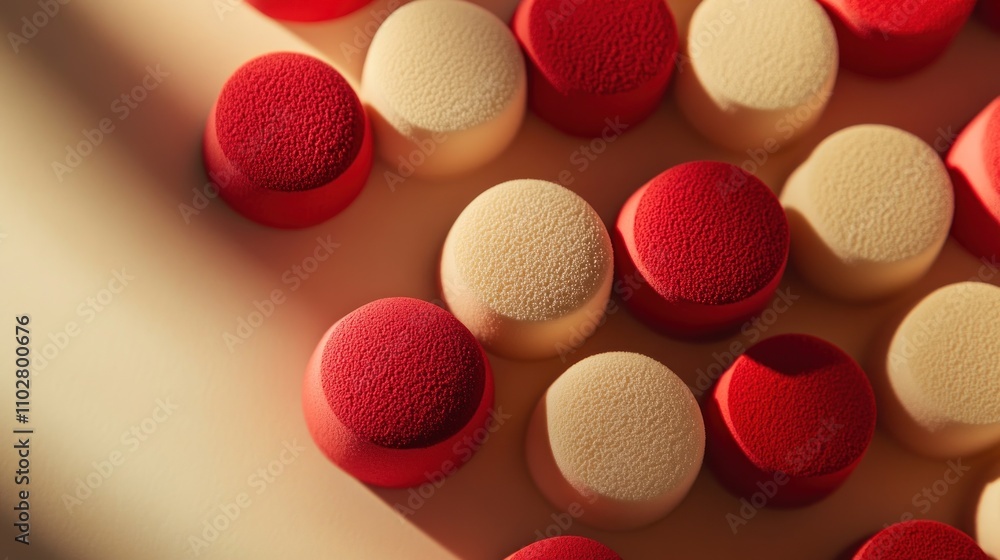 Poster close-up of red and beige circular objects with textured surfaces, possibly representing candy or ta