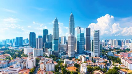 Naklejka premium Modern city skyline with skyscrapers against a bright blue sky.