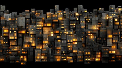 Urban Nightscape with Illuminated Windows Showcasing a Vibrant Abstract City Layout Created with Geometric Block Structures in a Dark Background