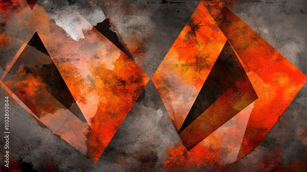 Poster abstract geometric shapes in vibrant orange and black hues with textured background, creating a dyna