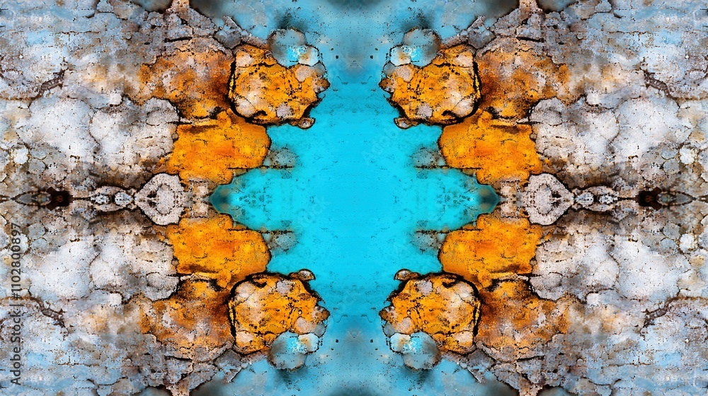 Poster abstract symmetrical pattern featuring vibrant orange, blue, and gray textures with organic shapes a