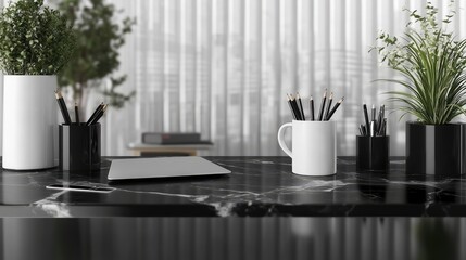 Modern Workspace with Plants and Office Supplies on Black Desk
