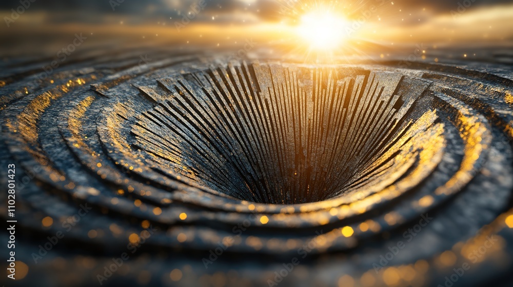 Poster Abstract Concept of a Deep Circular Pit Surrounded by Textured Lines with a Beautiful Sunrise in the Background, Evoking Mystery and Depth