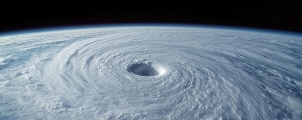 Aerial view of a powerful cyclone over the ocean, showcasing swirling clouds and eye.