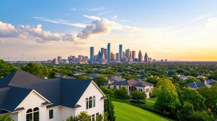 Stunning sunset skyline view of modern city amidst greenery and residential homes.