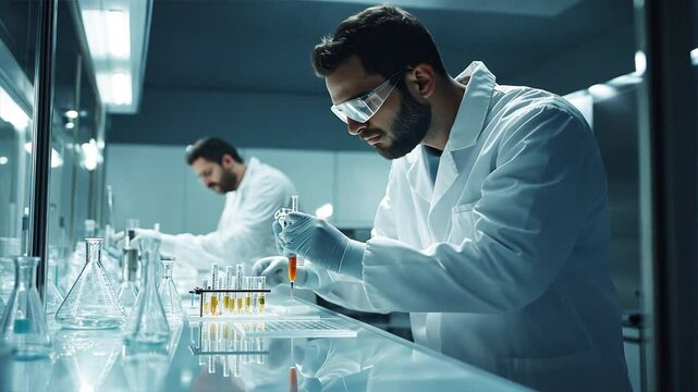 Two scientists in lab coats are working on a project