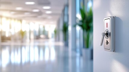 Modern key lock on wall in spacious hallway with natural light and greenery.