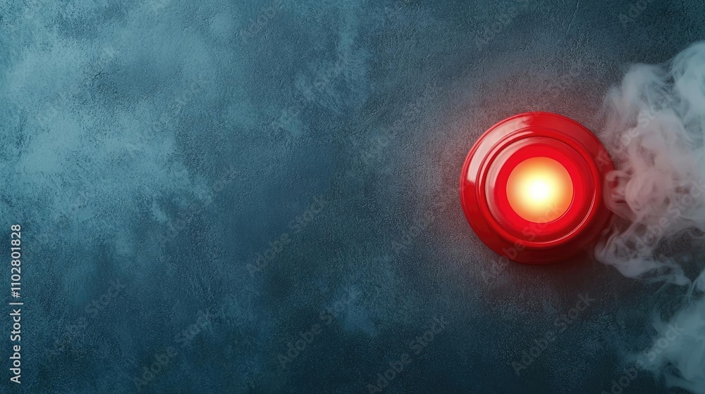 Poster red emergency button with glowing light and smoke on textured blue background.