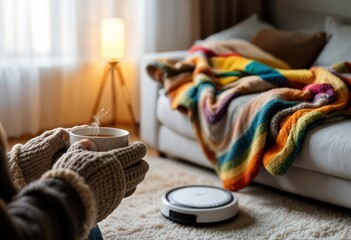 Cozy living room scene with a rainbow blanket draped over a sofa, a steaming mug, and a robotic vacuum in the foreground; warm and inviting ambiance.