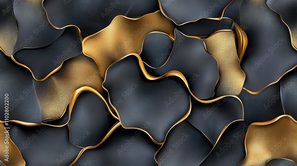Poster abstract wavy patterns in black and gold textures create a striking visual composition, ideal for ba