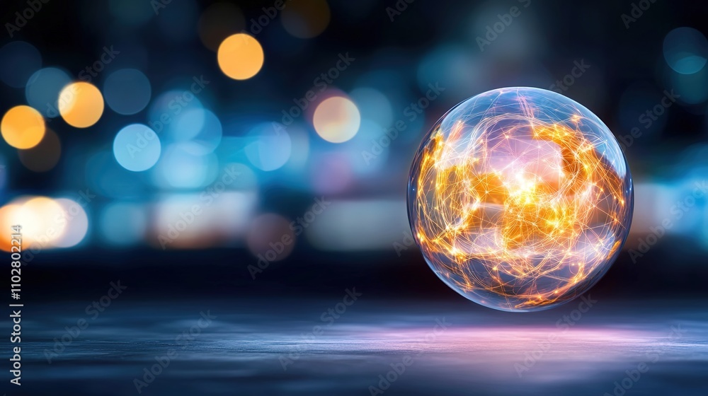 Poster glowing sphere with network connections representing global communication and technology, surrounded