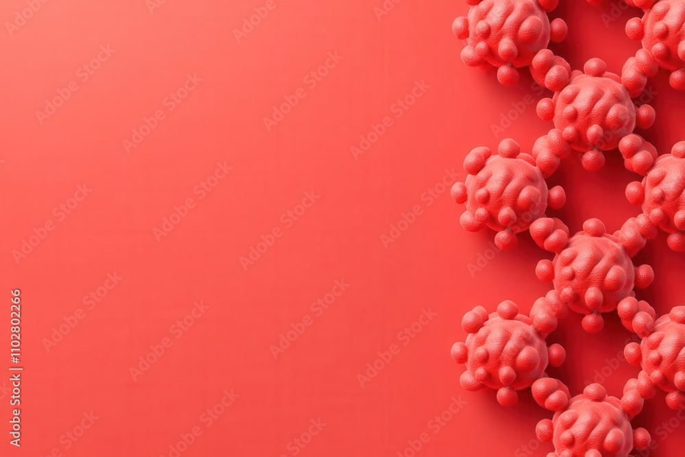 Poster the image features abstract red spherical shapes resembling viruses or bacteria against a solid back
