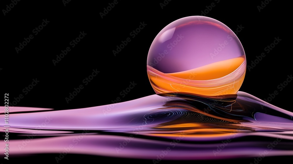 Poster abstract composition with a glass orb reflecting vivid colors on a smooth surface, highlighting the 