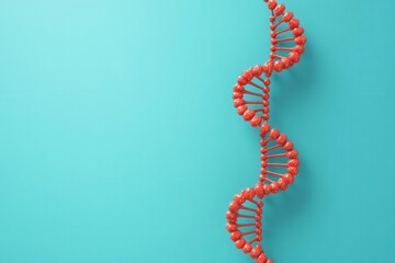 A vibrant illustration of a red DNA double helix against a turquoise background, symbolizing genetic science and molecular biology.
