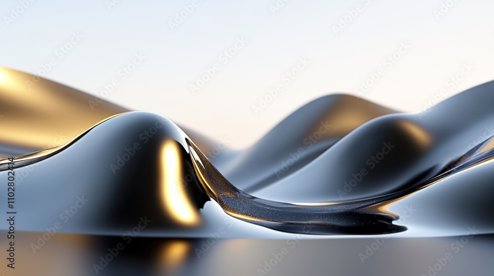 Poster abstract depiction of fluid waves creating shiny and smooth textures, reflecting light in a serene a