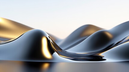 Abstract depiction of fluid waves creating shiny and smooth textures, reflecting light in a serene atmosphere with gentle undulations and harmonious curves