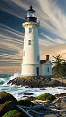 Lighthouse stands tall against crashing waves under a vibrant sunset sky