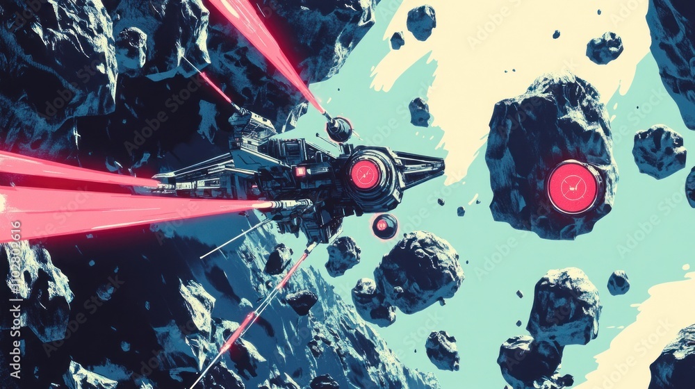 Poster a futuristic spacecraft navigating through an asteroid field, firing lasers.