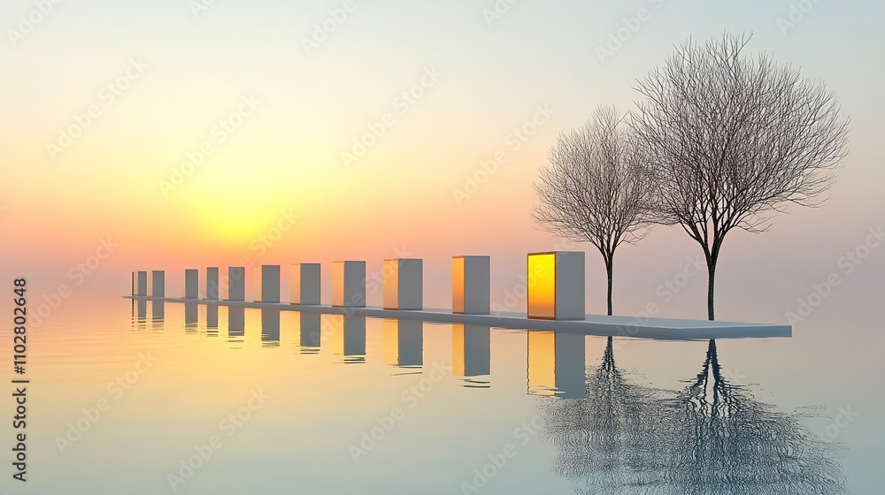 Poster tranquil landscape with minimalist architecture and reflection at sunset, featuring trees and open d