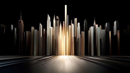 Obraz premium Abstract representation of a futuristic city skyline illuminated by warm light, showcasing tall buildings and stunning architectural designs against a dark background.