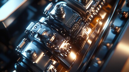 Sleek Engine Close-up: Chrome Gleam and Precision Engineering